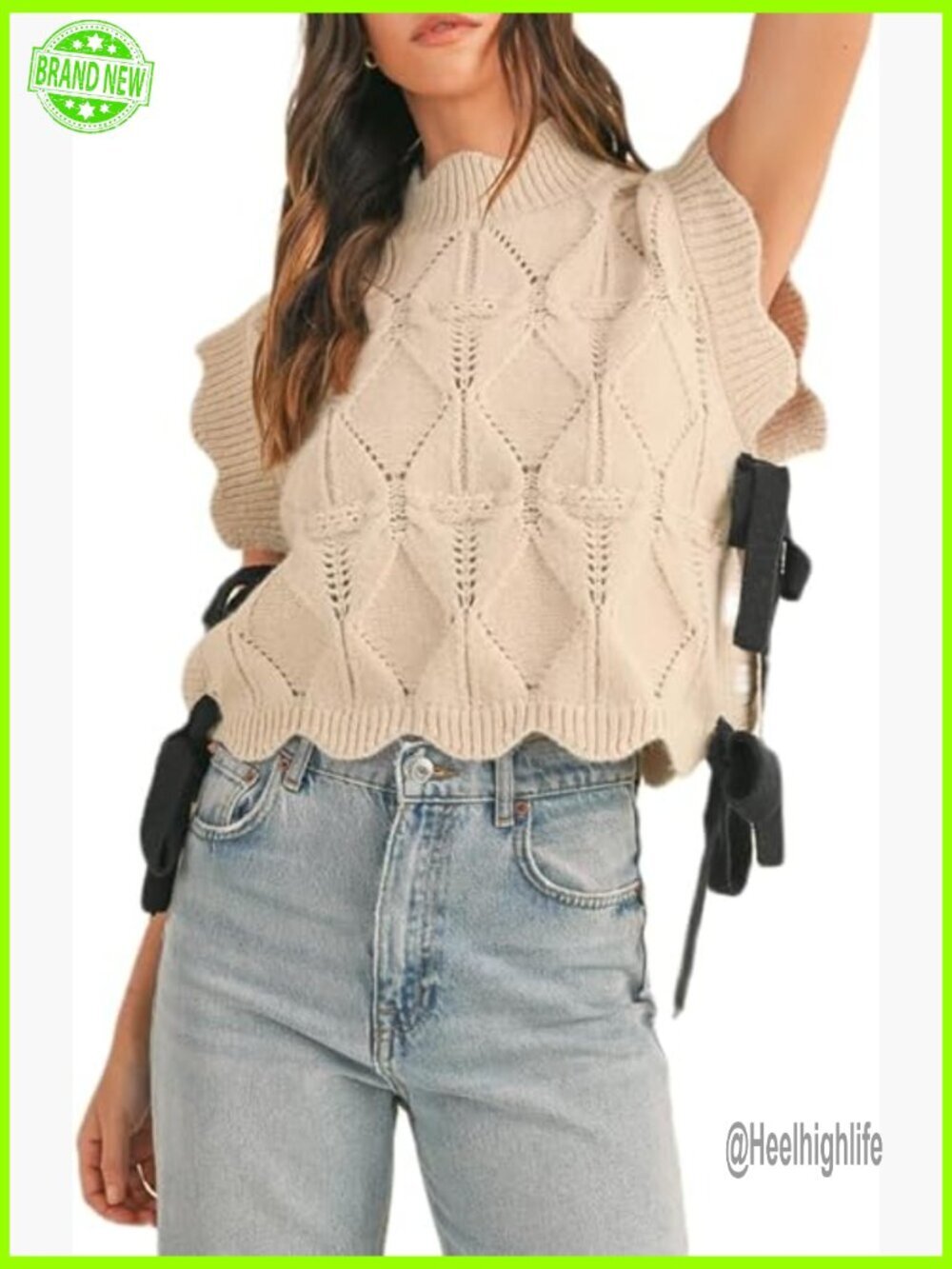 Chunky Knit Sweater Vest with Ribbon Bows Cap Sleeve Lace Up Crop Top
